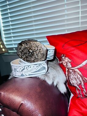 White Tooled Leather Western Belt with Ornate Silver Buckle